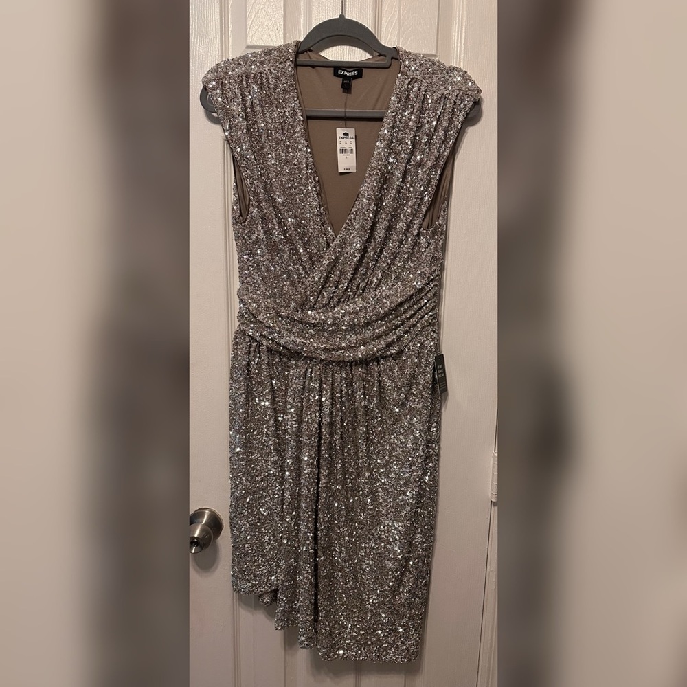 BNWT, EXPRESS, sleeveless silver sequin asymmetrical dress, Sz Large
